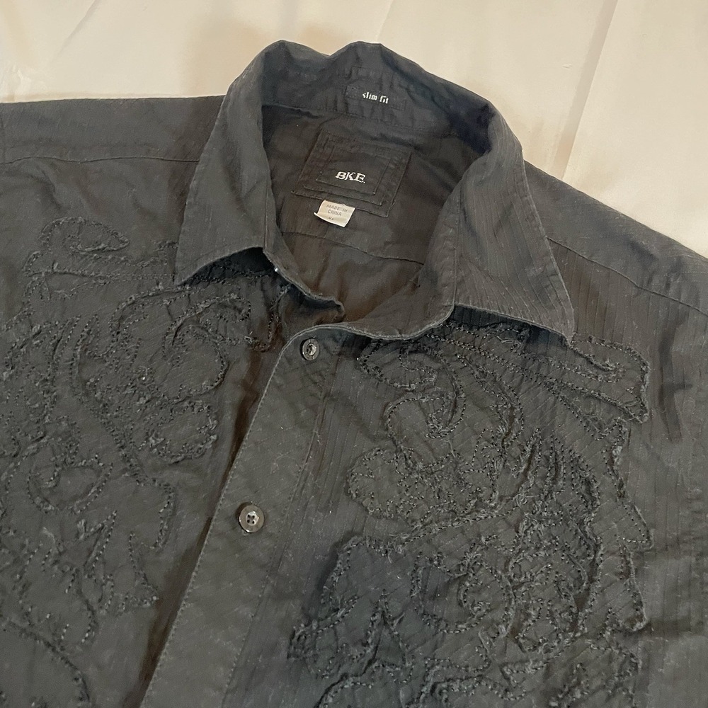BKE Mens Slim Fit Black Embroidered Long Sleeve Button Down Shirt XL